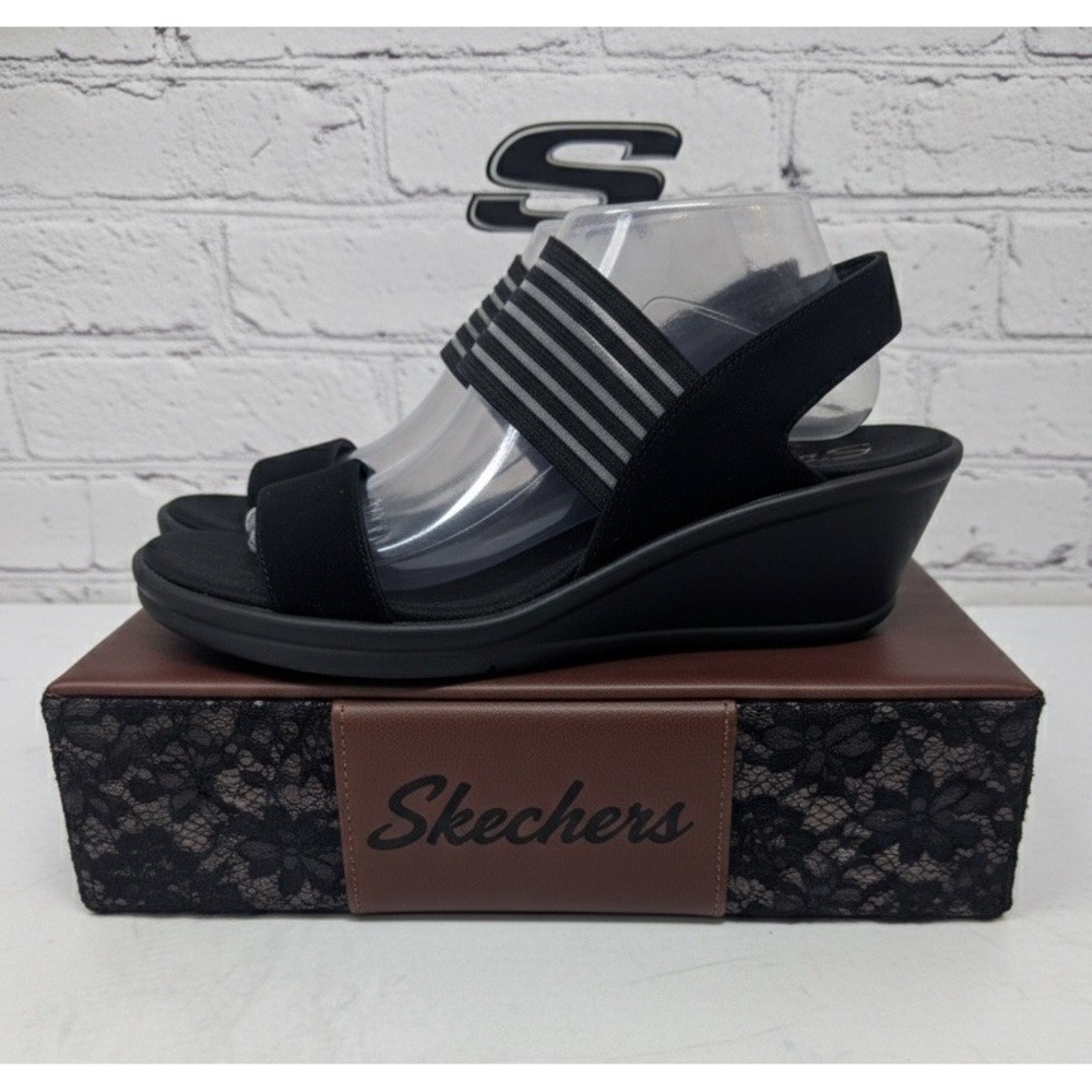 🔥Skechers 🖤Black Wedge Sandals Rumblers Strappy‎ Lace Slip On Memory Foam 11